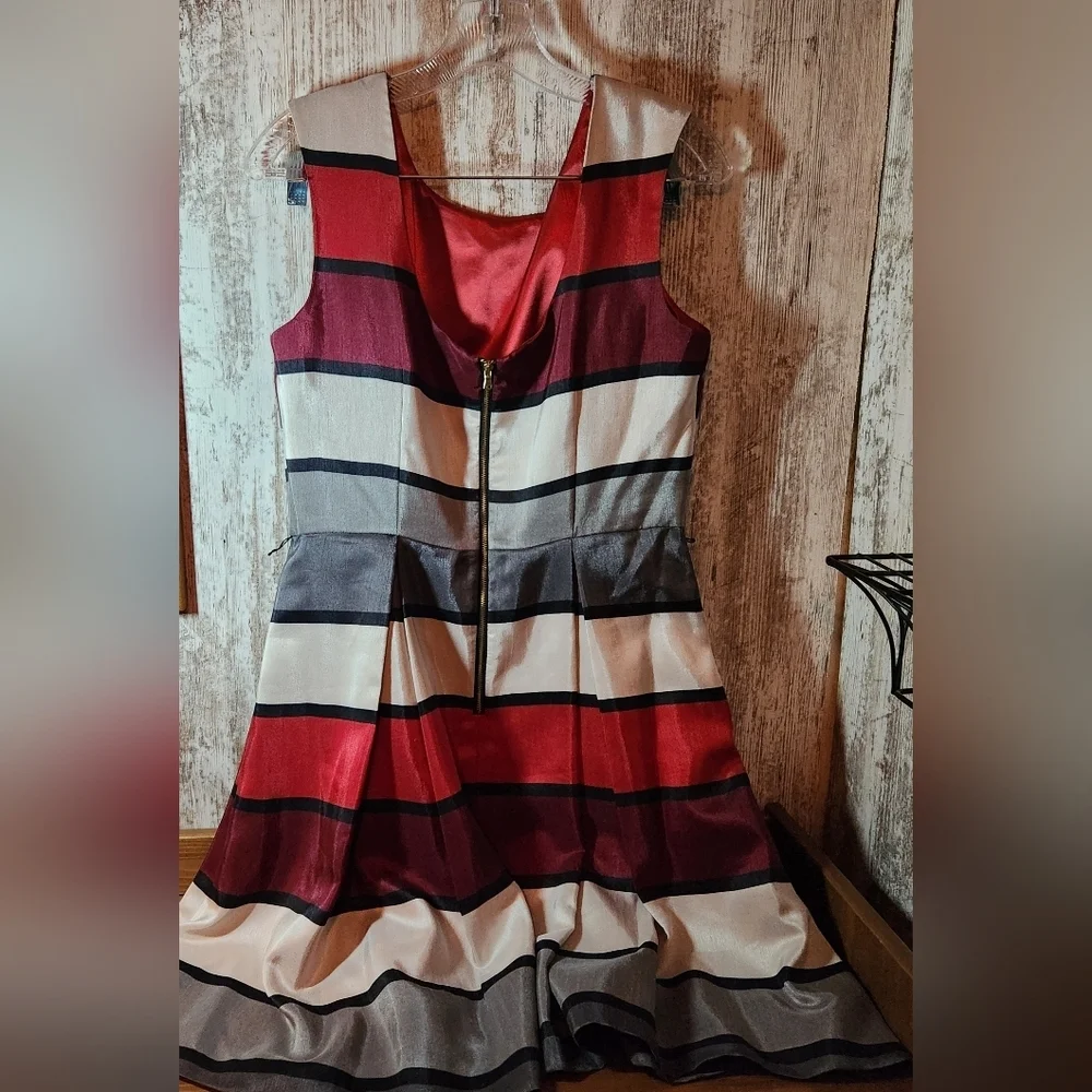Julian Taylor Multicolor Striped Midi Dress Red Gray White Burgundy Sleeveless